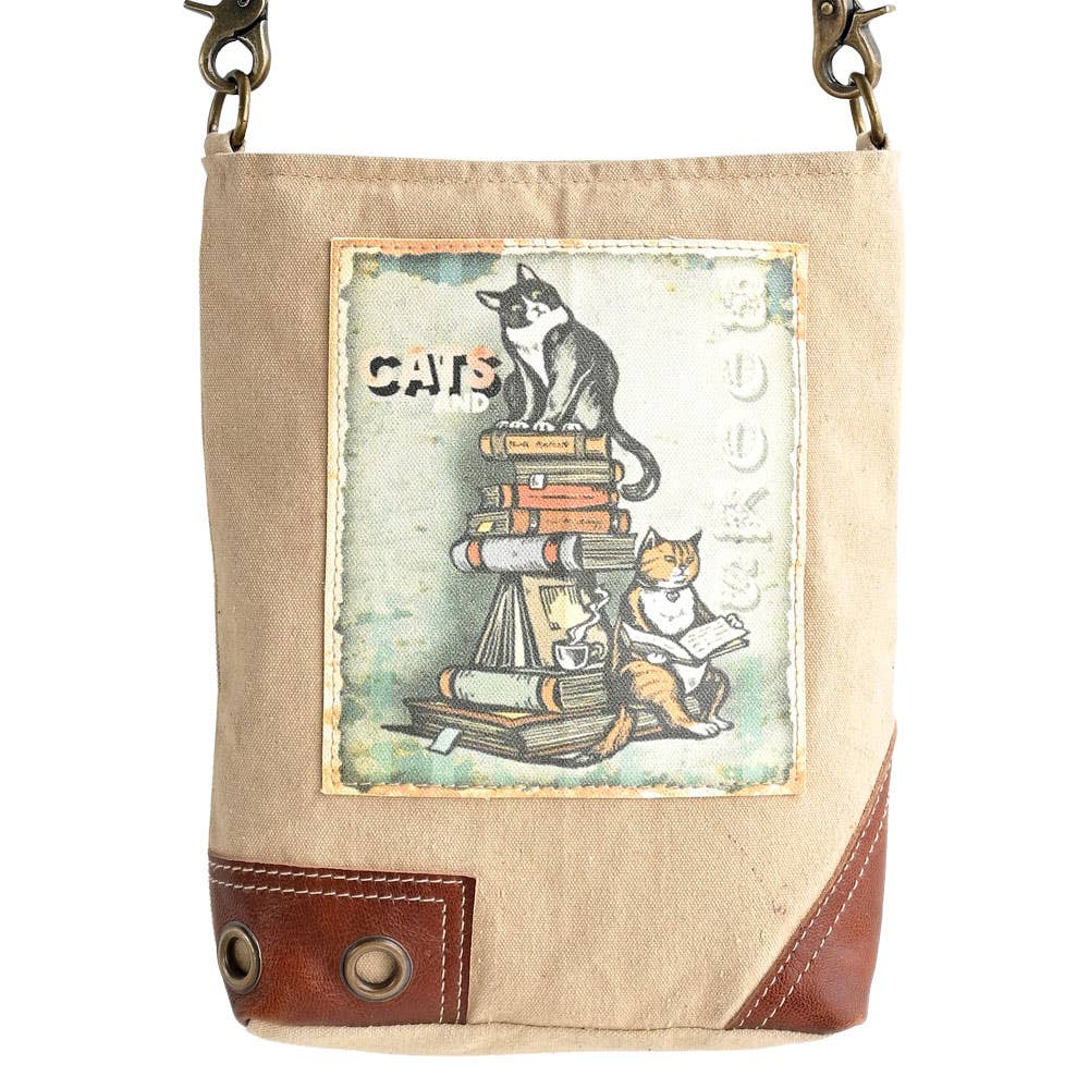 Clea Ray Canvas- CATS AND BOOKS CROSSBODY BAG