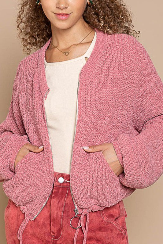 SOFT OVERSIZED ZIP UP KNIT BARBIE PINK SWEATER