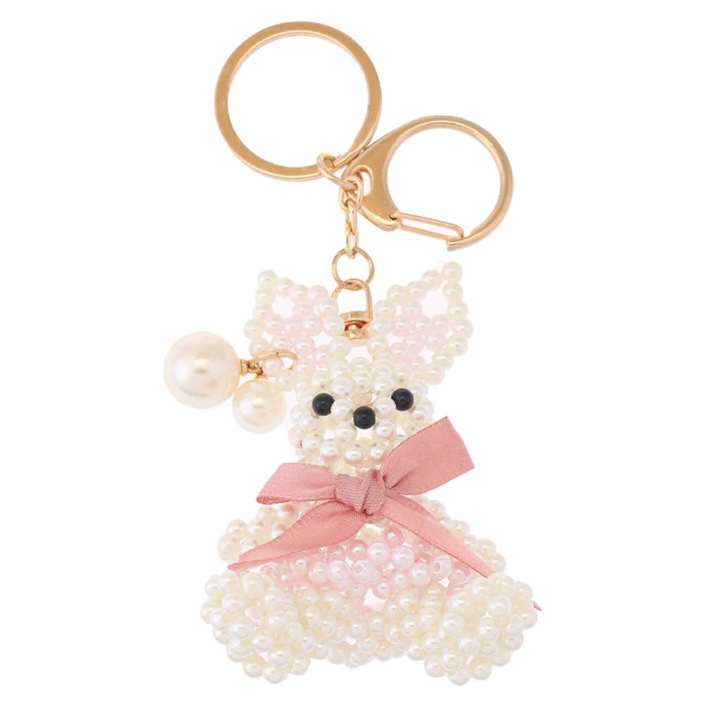 JOIA ACCESSORIES - PEARL BEAD BUNNY WITH BOW KEYCHAIN, LVKL 109