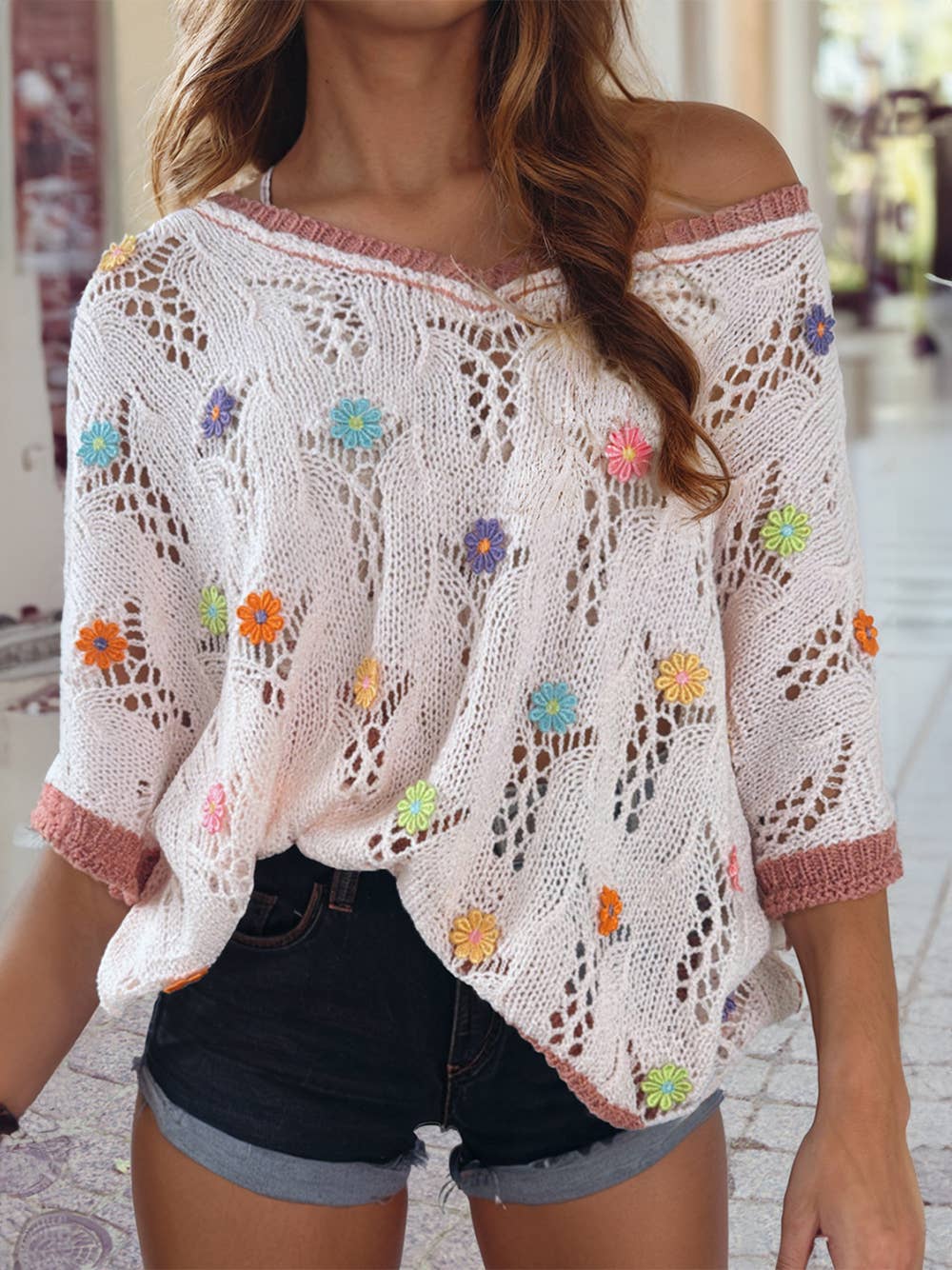 1 the Woman - Colorblock Edge Floral Embroidered Half Sleeve Hollowed Swea