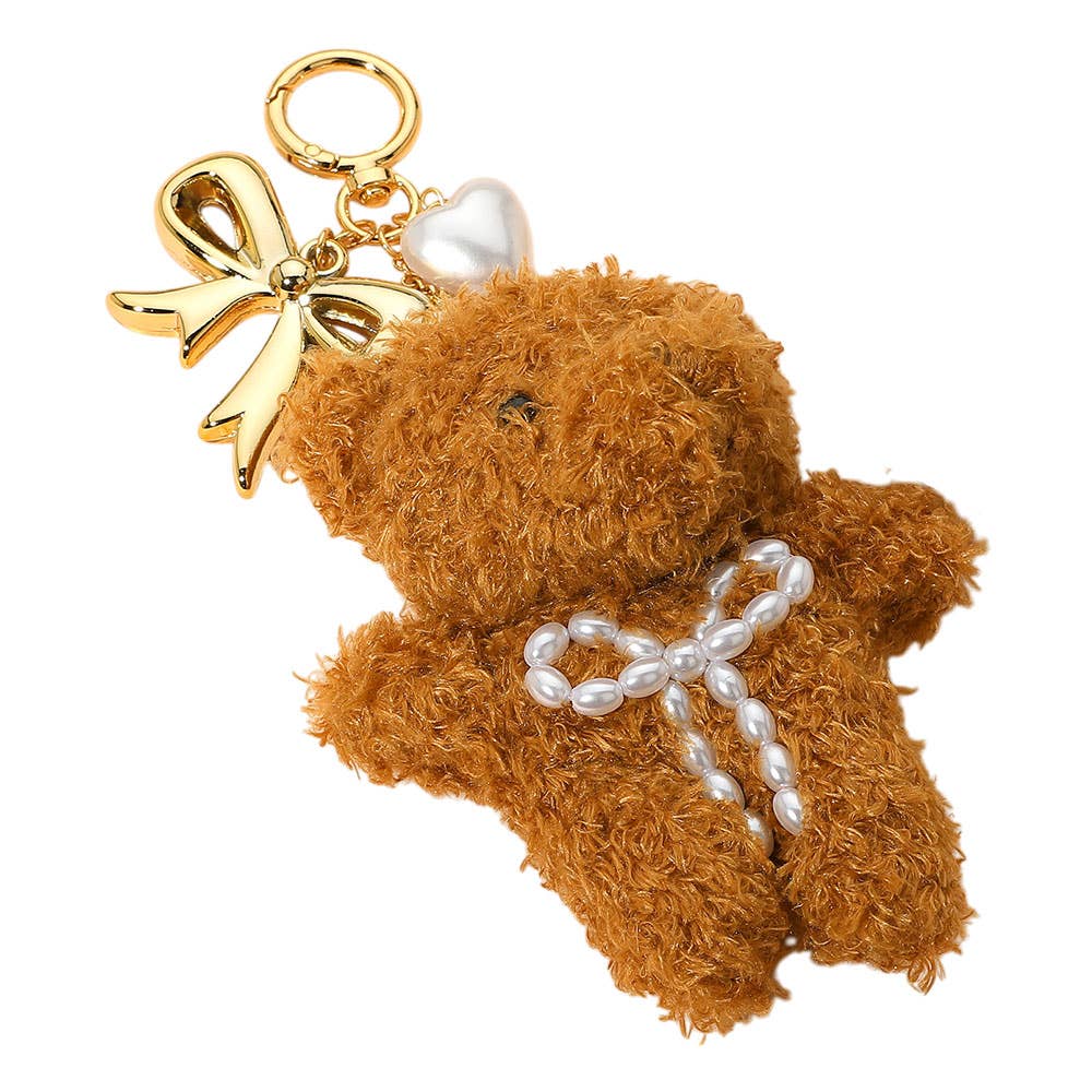 PLUSHIE Teddy Bear Pearl Heart Bow Purse Charm Key Chain