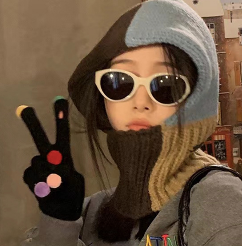 Winter Color Block Thick Knit Hoodie Cap