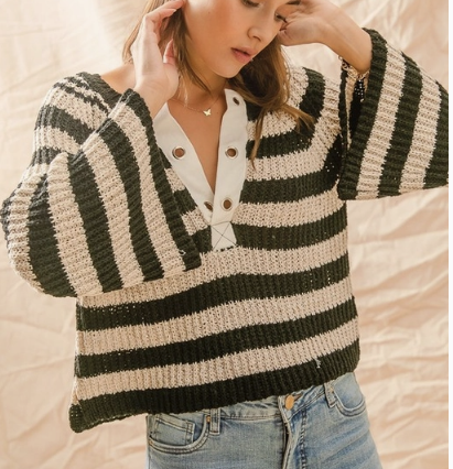 Eyelet Placket Stripe Sweater