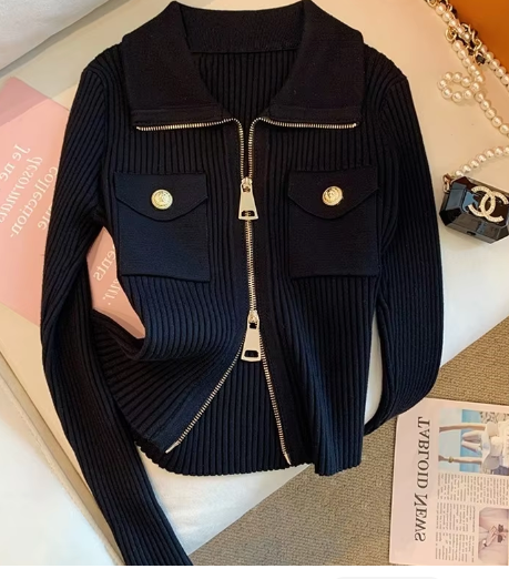 Black Knit Ribbed Double Zipper Sweater