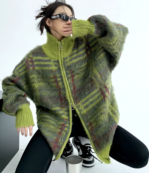 APPLE GREEN PLAID MOHAIR BOMBER SWEATER JACKET