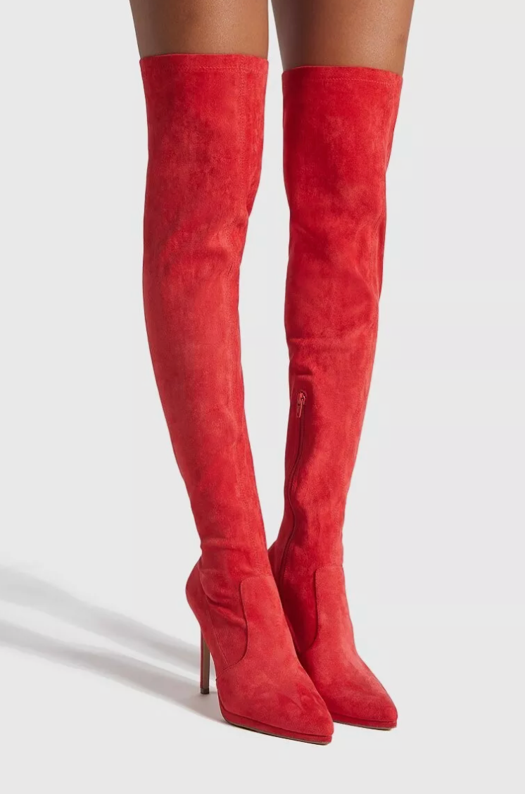 Red Faux Suede Thigh High Heeled Boots (90s) Shoedazzle
