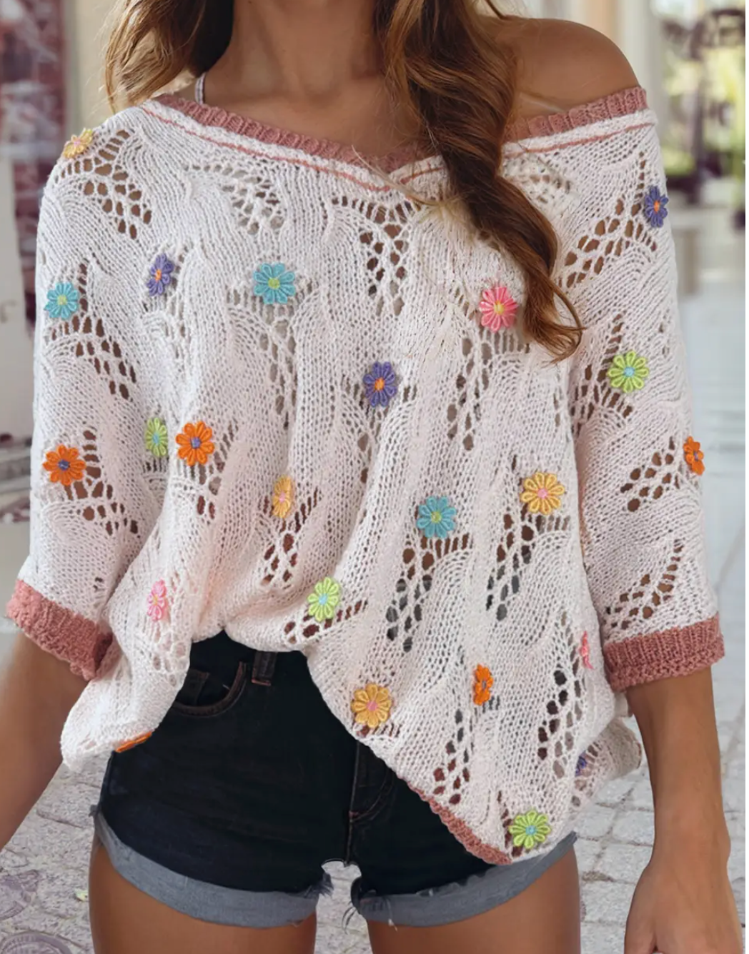 GORGEOUS VNECK FLower Power Cocoa Spring Sweater by POL