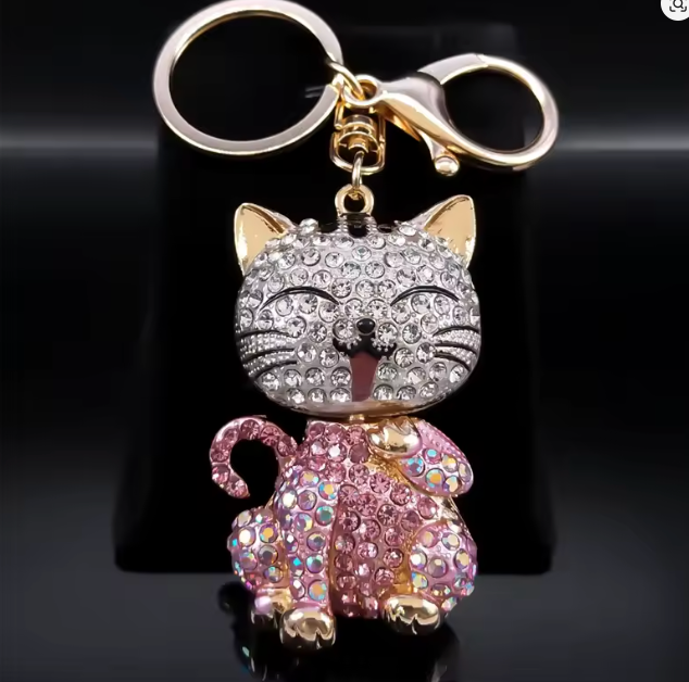 PINK RHINESTONE KITTY Purse Charm Key Chain
