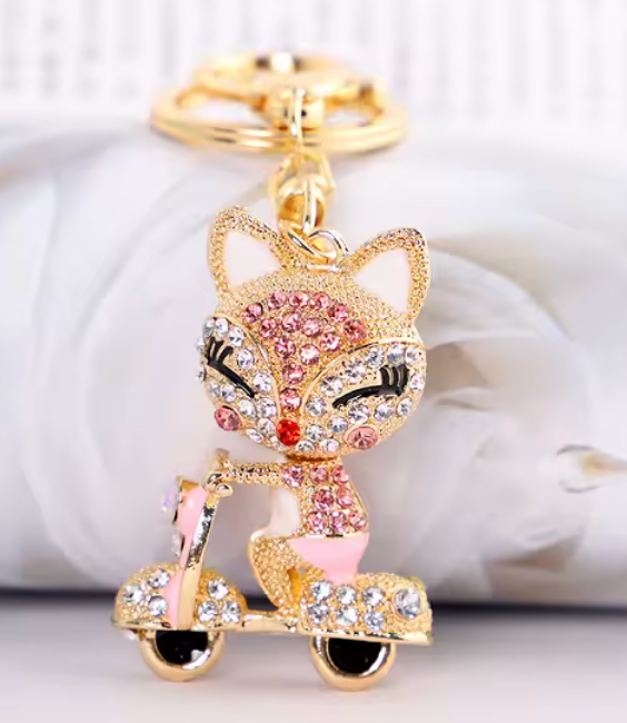 SASSY SCOOTER RHINESTONE KITTY PURSE CHARM Key Chain