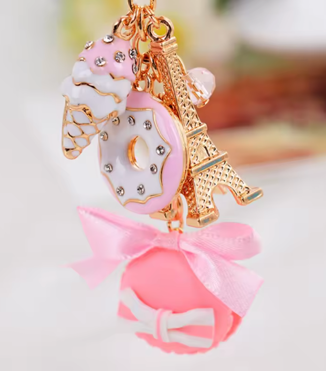 Paris Eiffel Tower Macaroon, Donut, Ice Cream Cone Purse Charm Key Chain (Color Options)