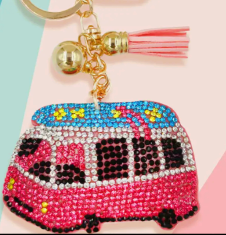 Retro CRYSTAL Bling Volkswagon Bus Purse Charm Key Chain