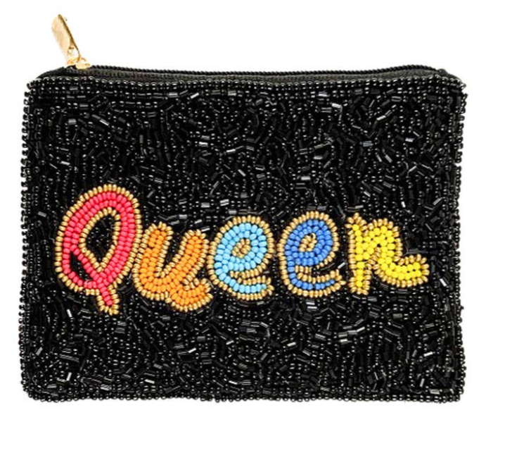 QUEEN Beaded Black Mini Pouch Cosmetic Bag