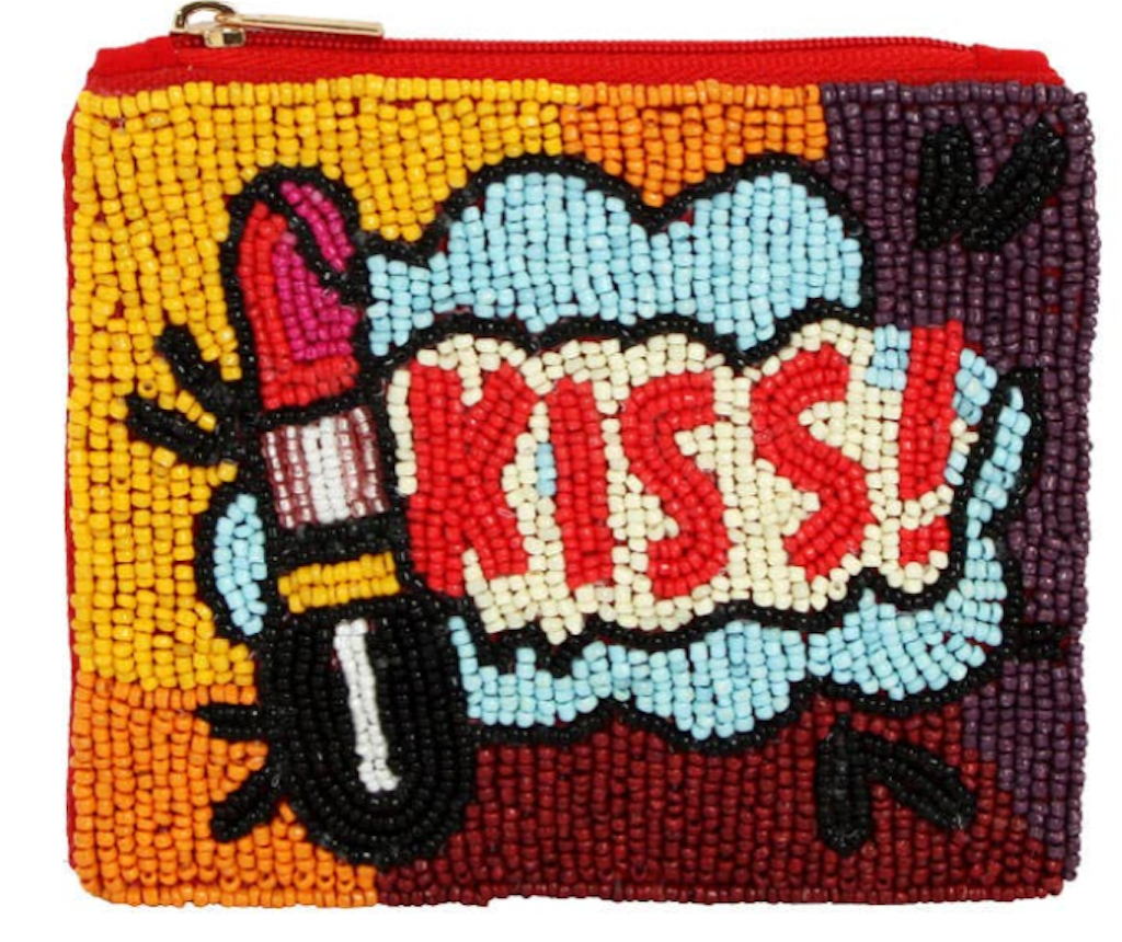 KISS !! Lipstick Beaded Mini Pouch Cosmetic Bag