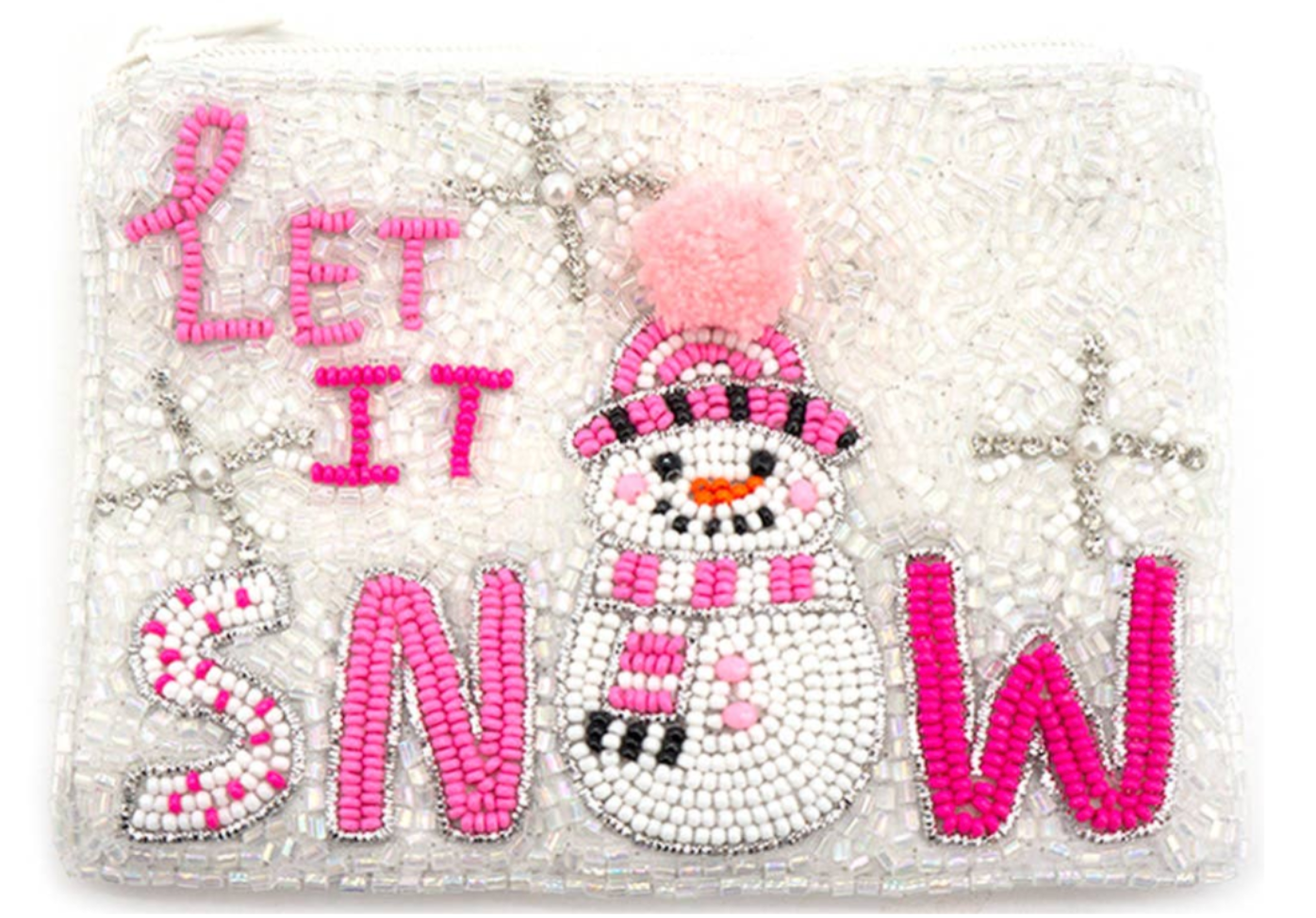 LET IT SNOW SNOWMAN BEADED ZIPPER COIN PURSE BAG