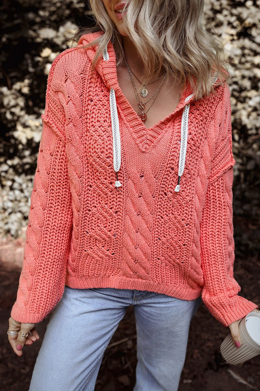 Coral Drawstring Cable-Knit HoodIe