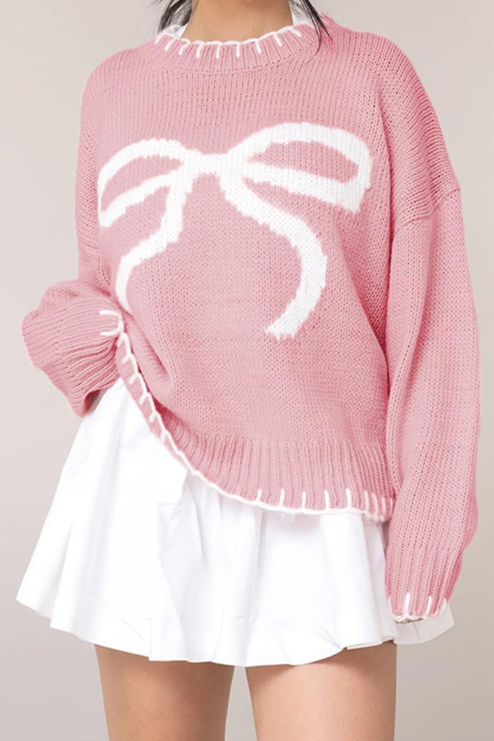 PINK BOW Whip Stitch Knit Sweater (Color Options)