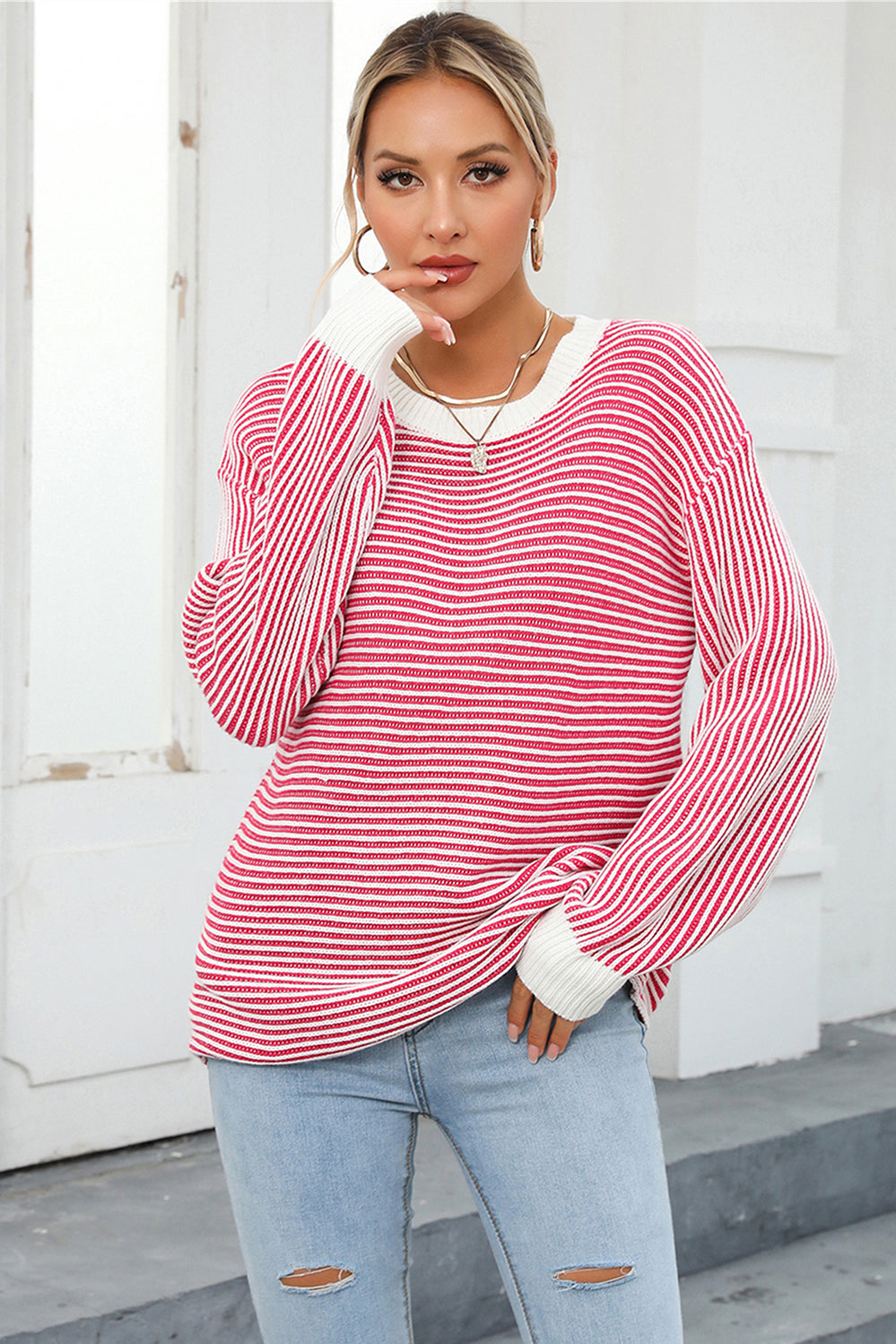 STRIPE LONG SLEEVE KNIT TOP ( Color Options)
