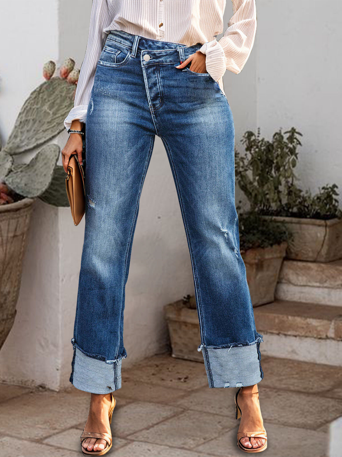 Big Cuff Raw Hem Straight Jeans