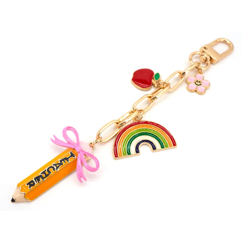 TEACHER PENCIL RAINBOW APPLE BAG CHAIN PURSE CHARM KEYCHAIN