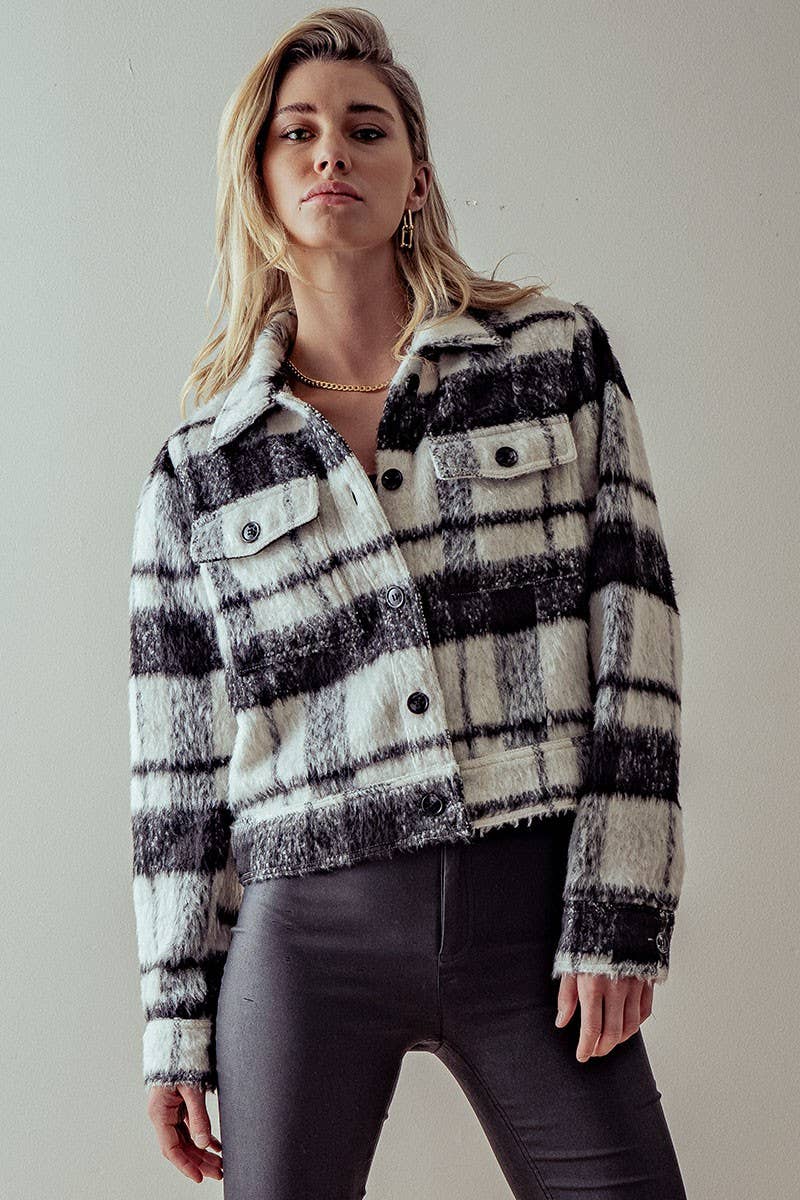Fashion Week - FLEECE PLAID PRINT JACKET: BLACK WHITE