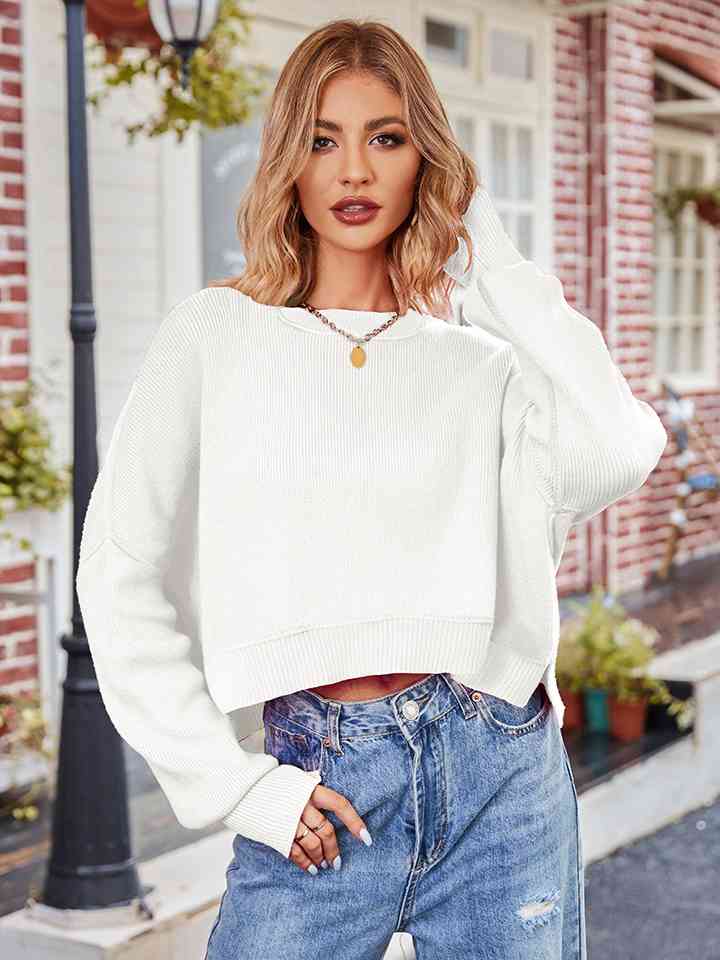 SOLID Dropped Shoulder Long Sleeve Knit Sweatshirt (Color Options)