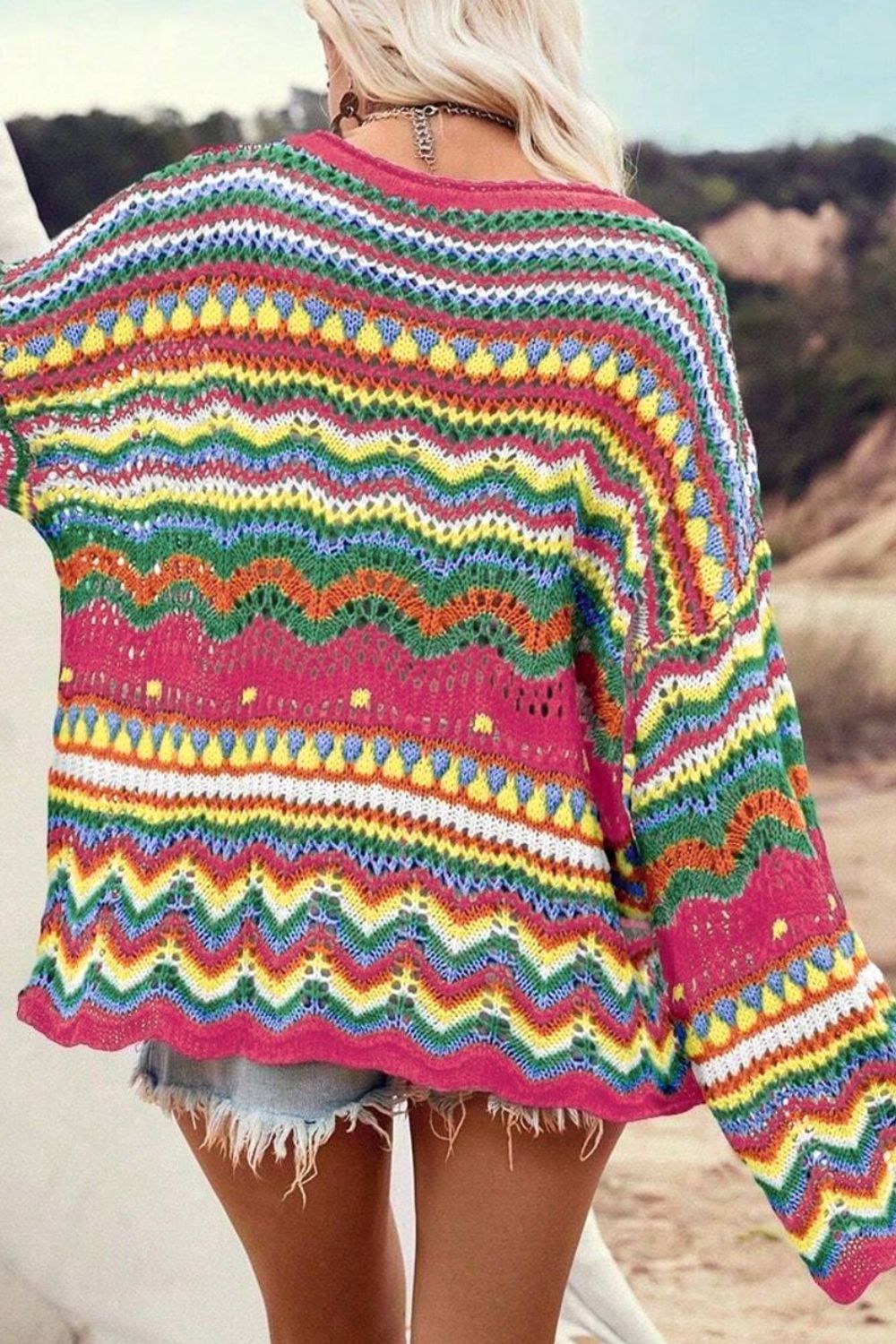 Rose Red  Striped Hollowed Knit Loose Sweater