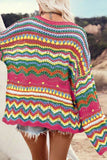 Rose Red  Striped Hollowed Knit Loose Sweater