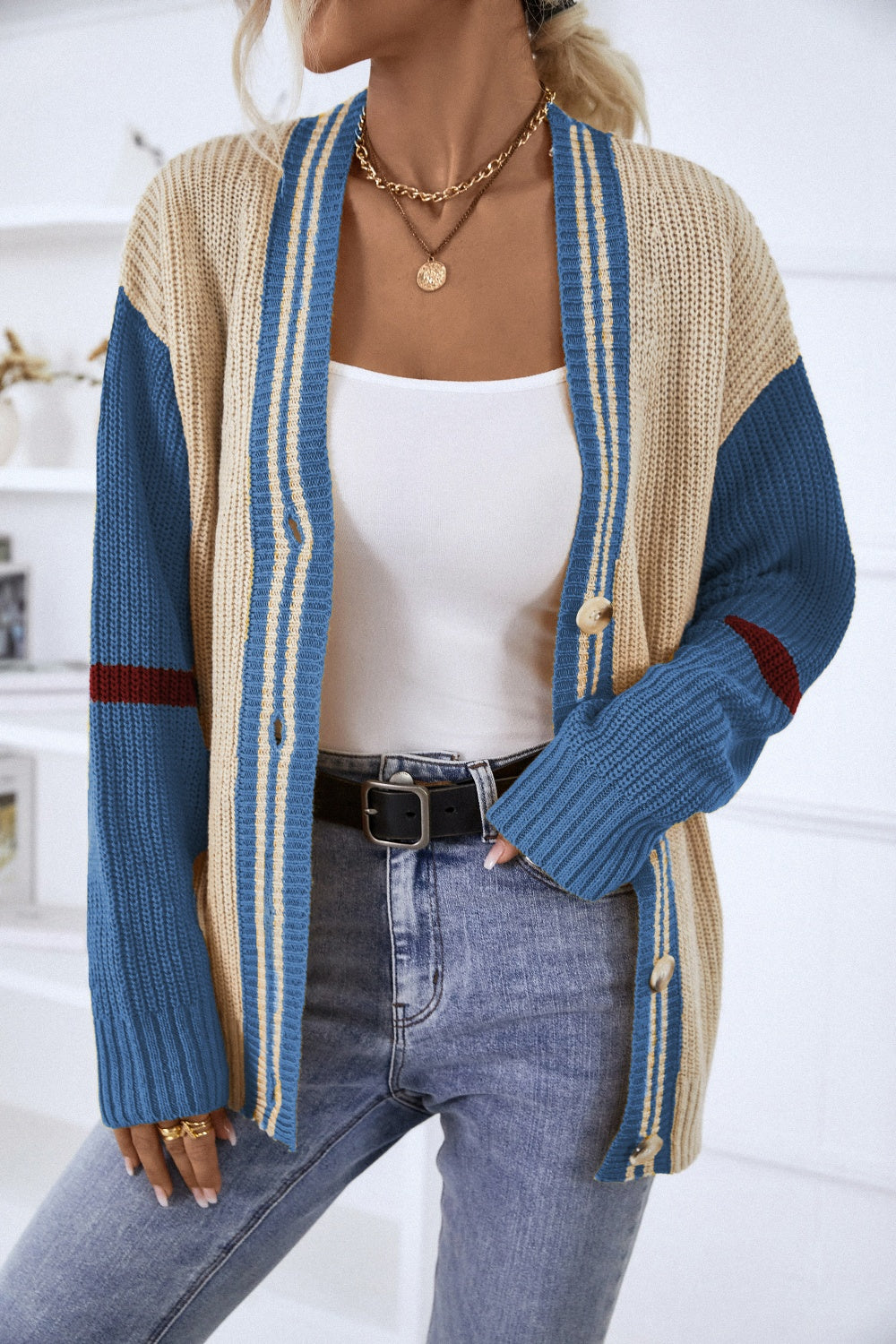 Contrast Button Up Dropped Shoulder Cardigan (Color Options)