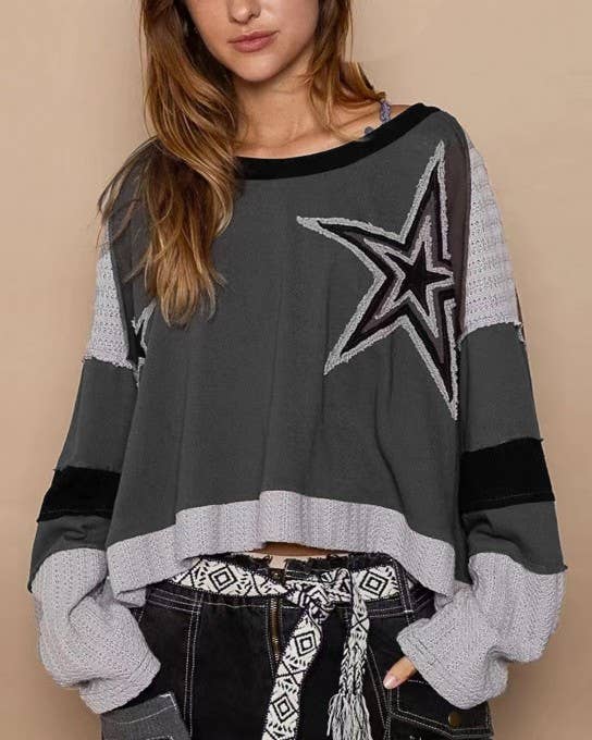Star Patchwork Color Block Oversized Long Sleeve Top