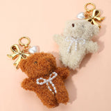 PLUSHIE Teddy Bear Pearl Heart Bow Purse Charm Key Chain