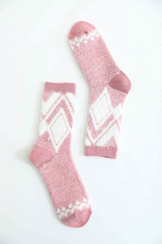 Blended Faux Mohair Diamond Pattern  Crew Socks (Color Options)