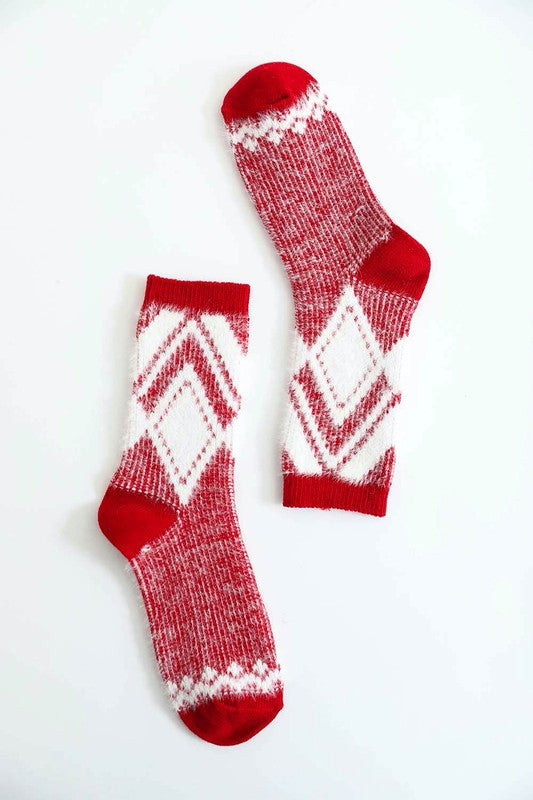 Blended Faux Mohair Diamond Pattern  Crew Socks (Color Options)