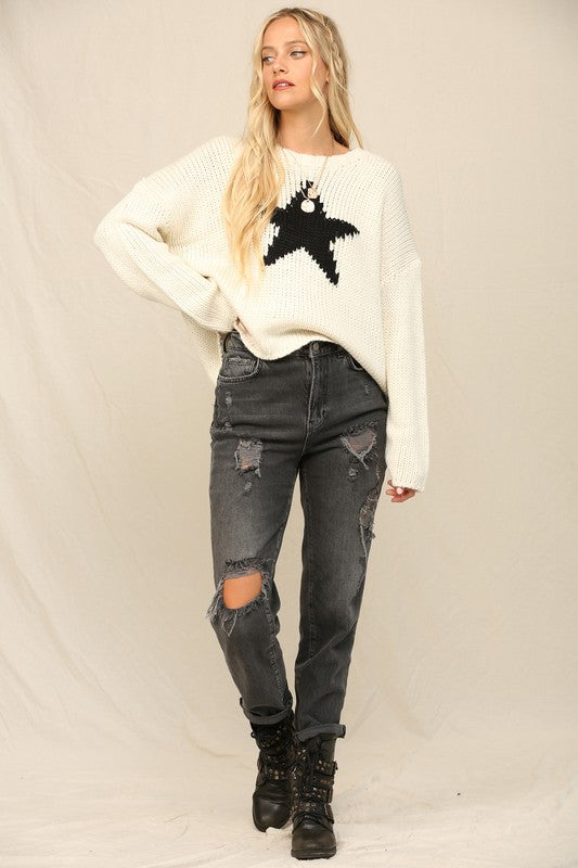 WHITE CABLE KNIT STAR SWEATER