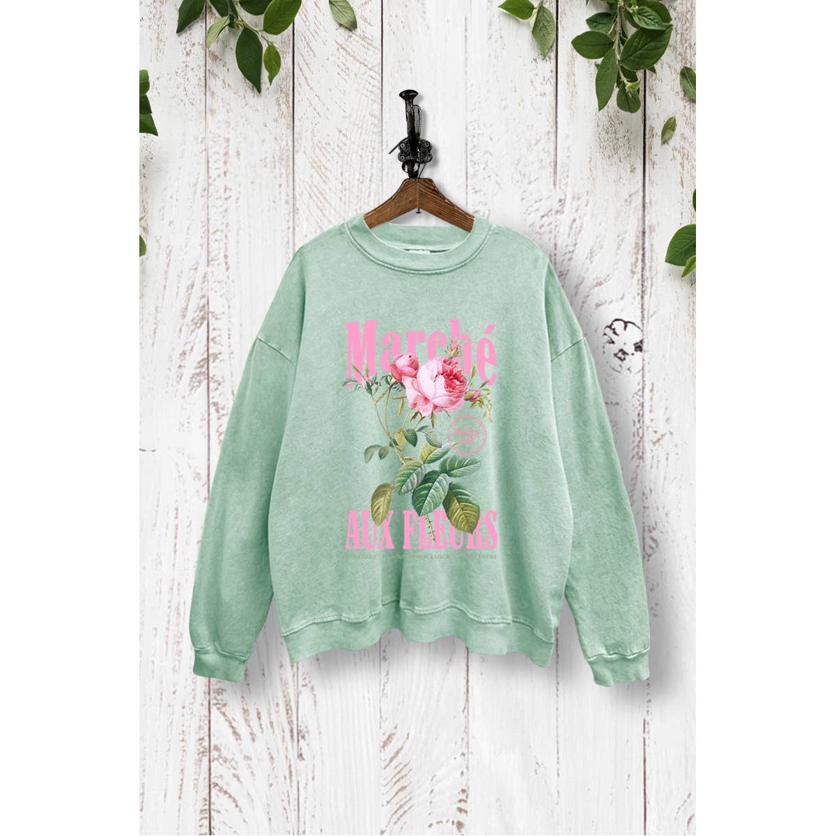 "FLOWER MARKET" MINT FRENCH GRAPHIC MINERAL WASH SWEATSHIRT