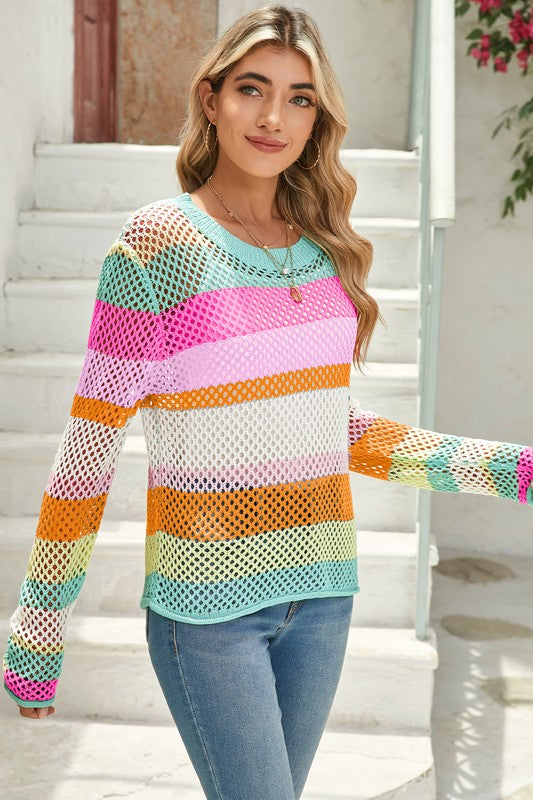 Colorblock Striped Hollow Knitted Top (Color Options)