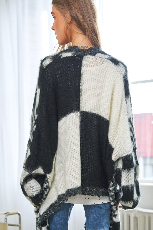 Black and White Checker Long Open Cardigan