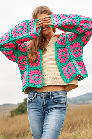Two-Tone Floral Square Crochet Open Knit Cardigan (Color Options)