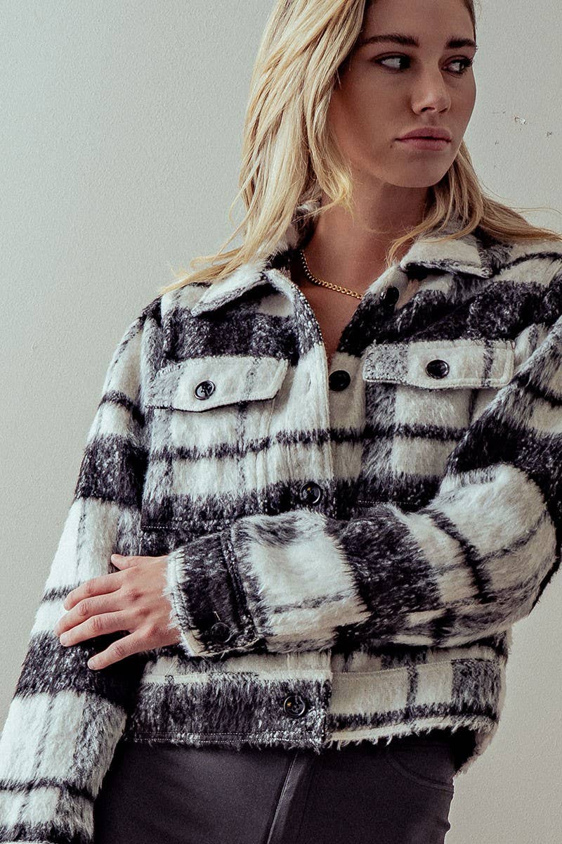 Fashion Week - FLEECE PLAID PRINT JACKET: BLACK WHITE