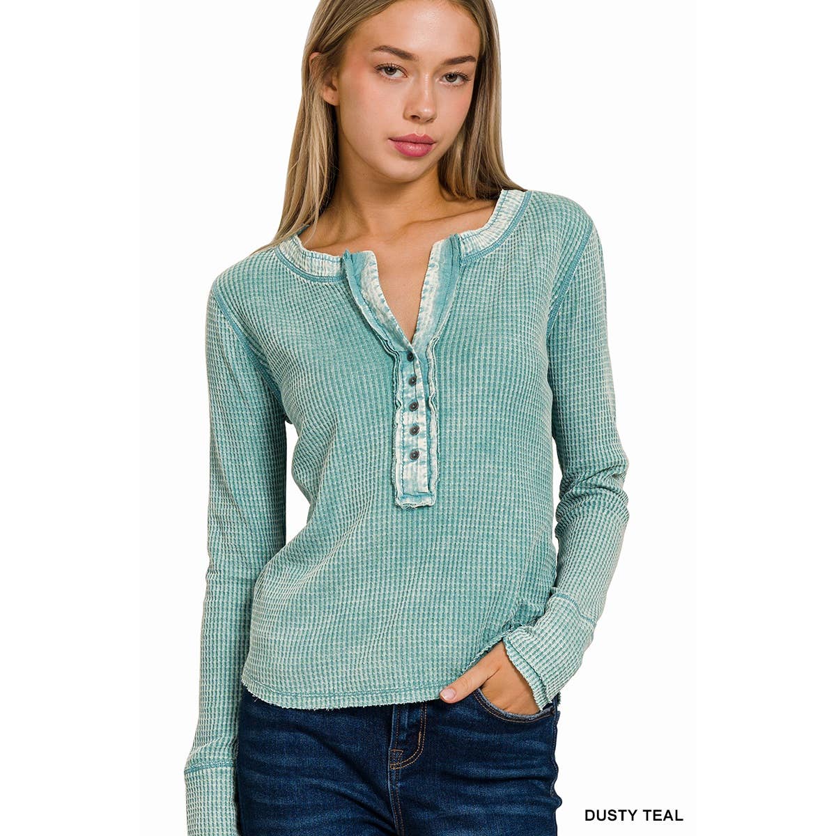 Dusty Teal Thermal Distressed Henley