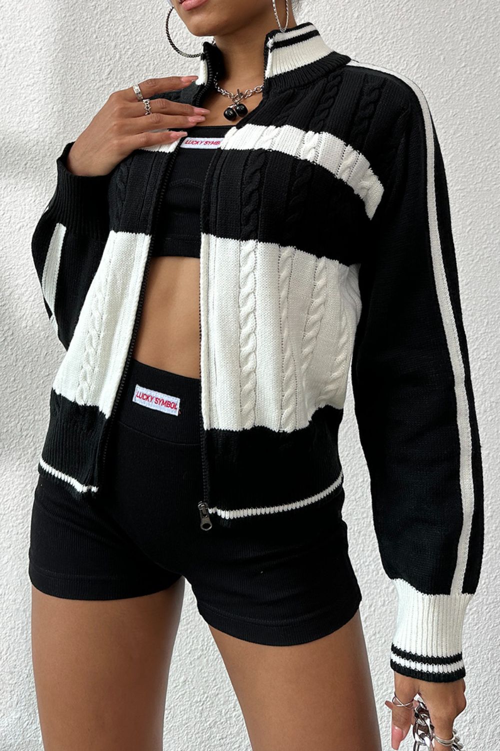 Black White Zip Up Cable-Knit Cardigan