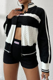 Black White Zip Up Cable-Knit Cardigan