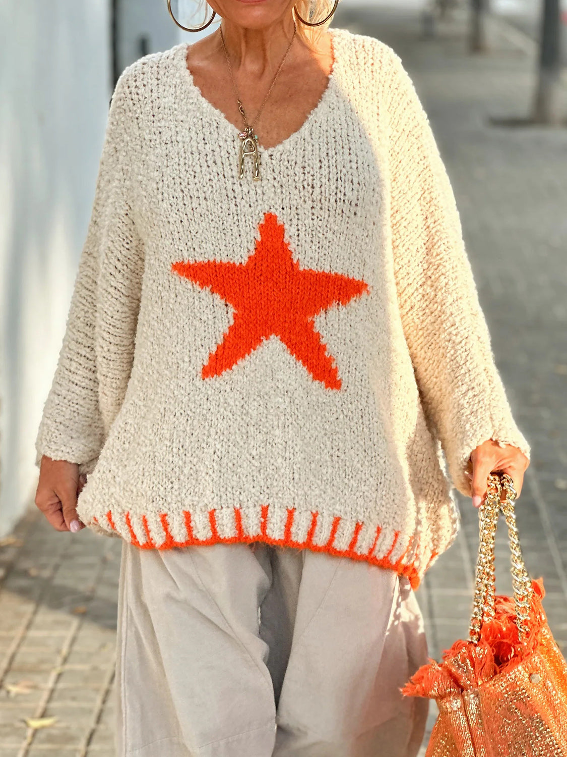 Star V-Neck Oversize Sweater (Color Options)