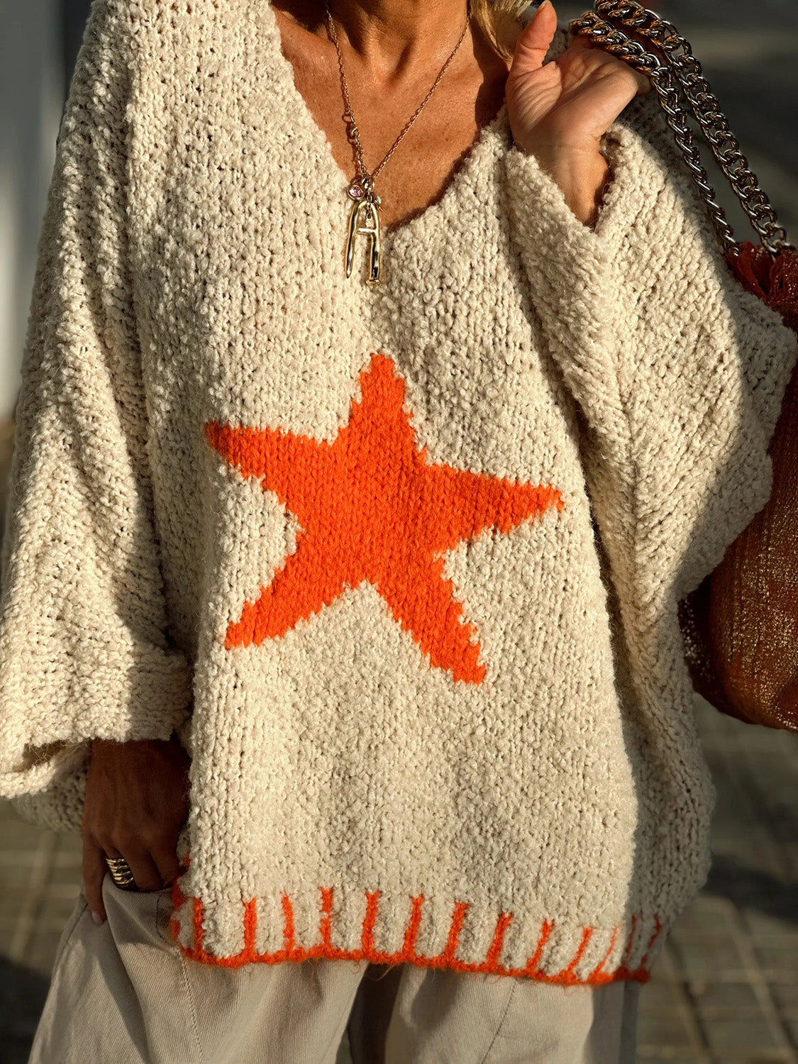 Star V-Neck Oversize Sweater (Color Options)