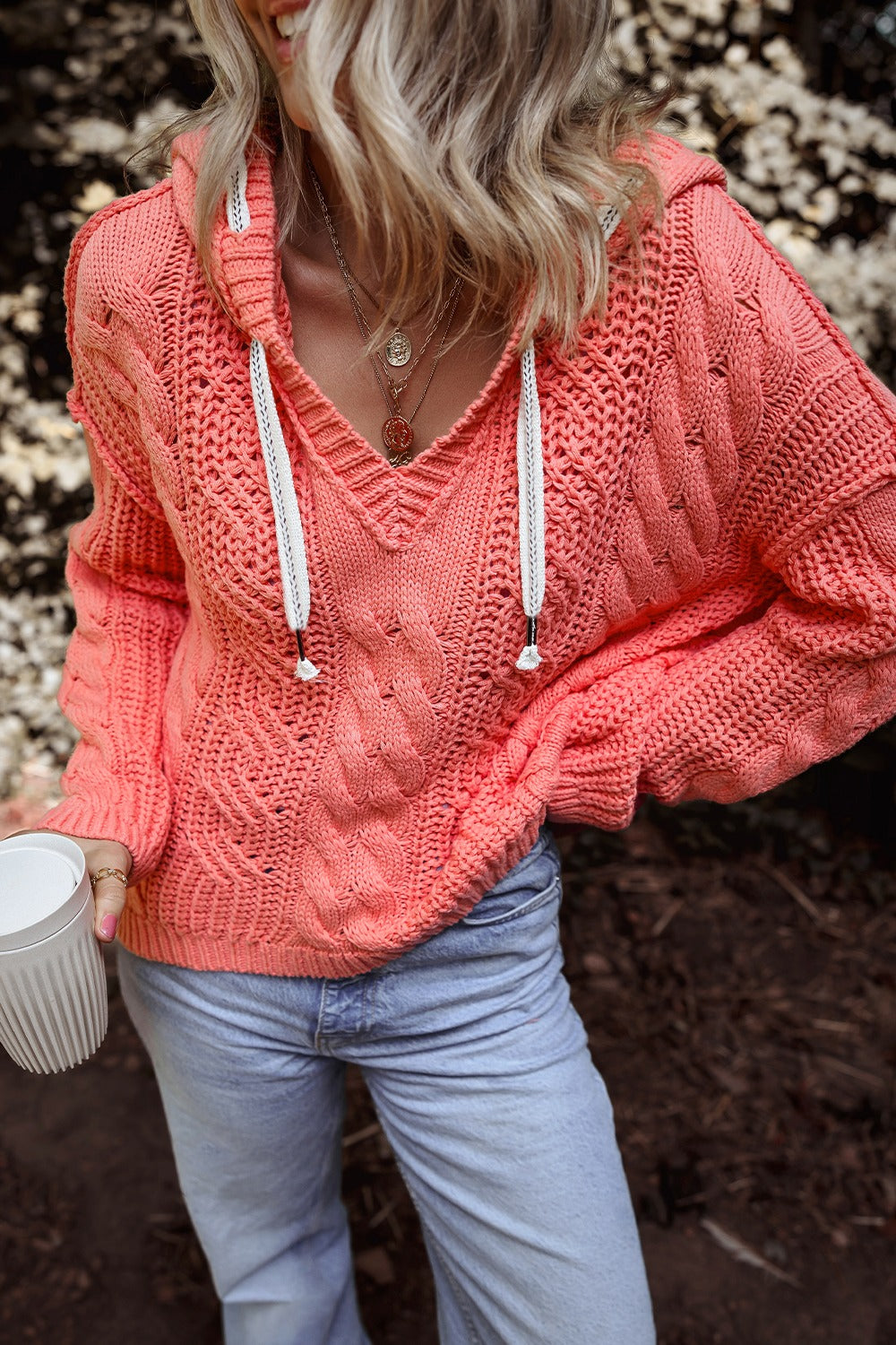 Coral Drawstring Cable-Knit HoodIe