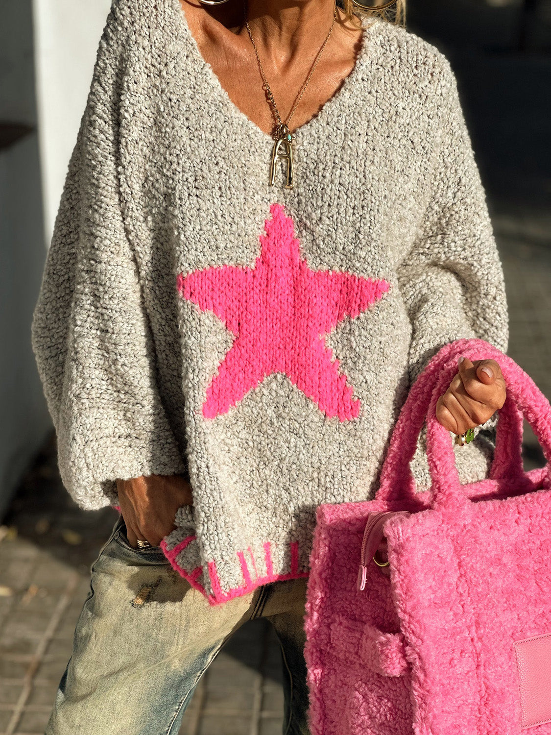 Star V-Neck Oversize Sweater (Color Options)