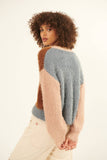 Furry Knit Colorblock V-Neck Cardigan Sweater: L / Grey-Navy