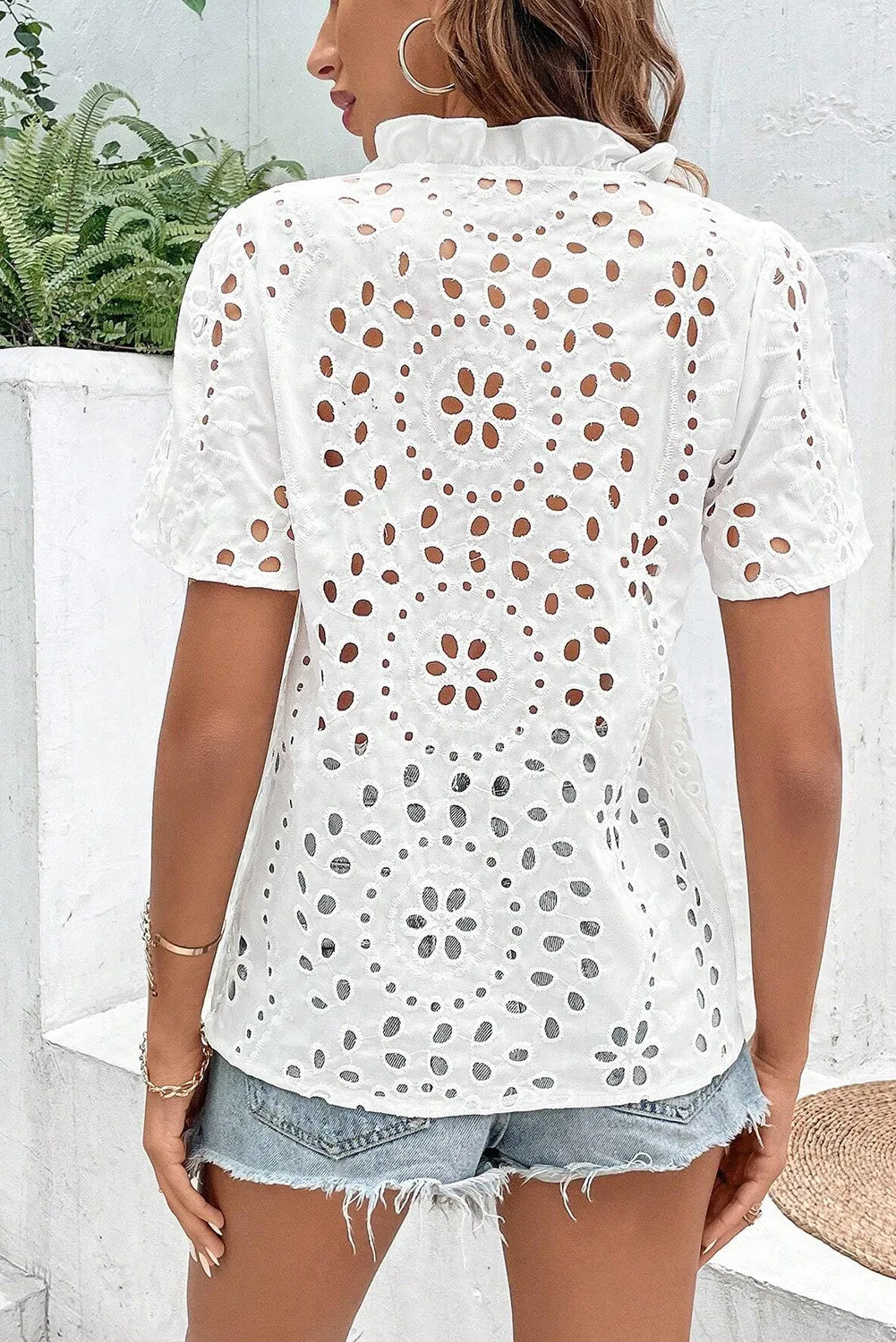 Eyelet Frill Short Sleeve Boho Spring Blouse