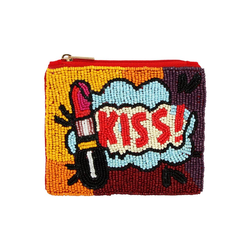 KISS !!  Lipstick Beaded Mini Pouch Cosmetic Bag
