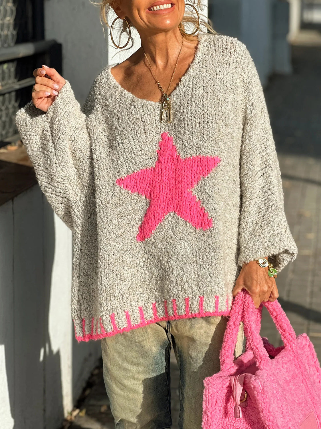 Star V-Neck Oversize Sweater (Color Options)
