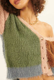 Furry Knit Colorblock V-Neck Cardigan Sweater: L / Grey-Navy
